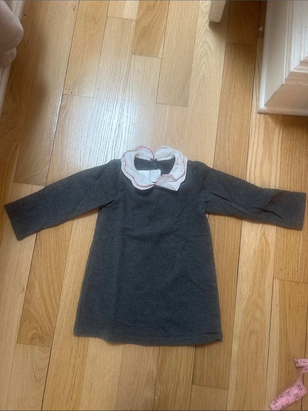 Jacadi Gray Knit Long-Sleeve Dress Top with White Ruffle embroidered Collar